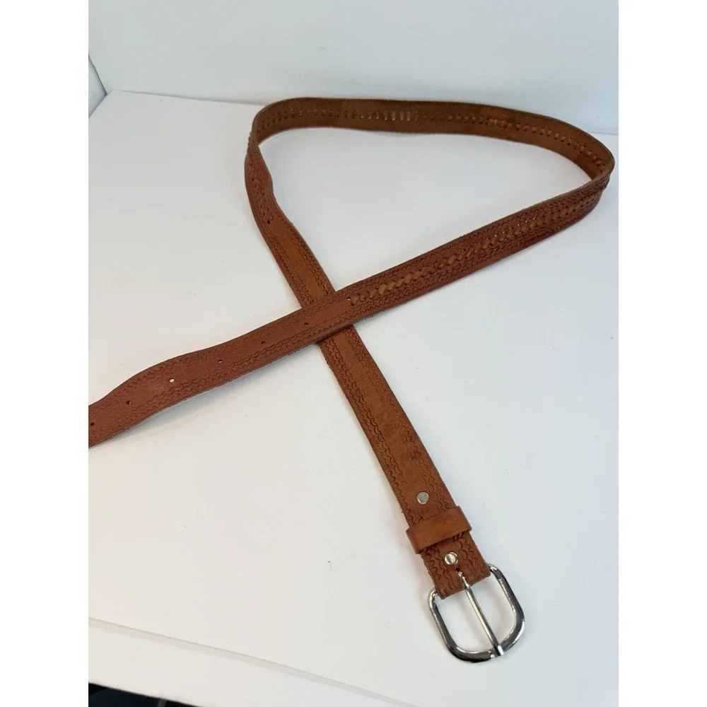 Distressed Hand Tooled Leather Vintage Belt Braided Center Western Cowboy 44